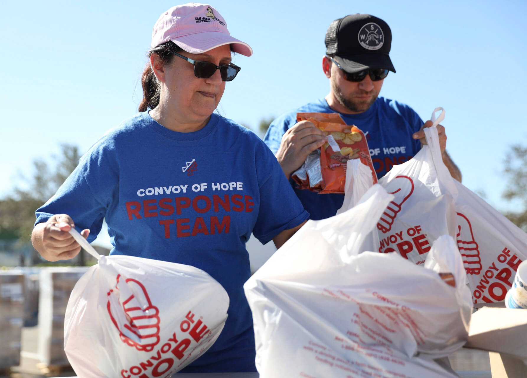 Volunteers distribute relief supplies in Marianna, Florida.
